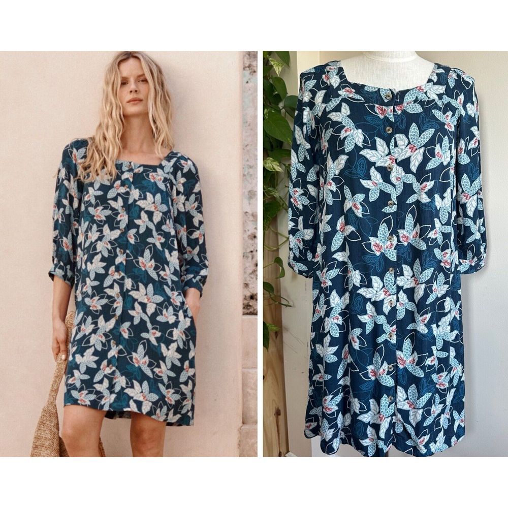 Garnet Hill Jardin Crepe Dress S Floral Square Neck A-line 3/4 Sleeve‎ Pockets